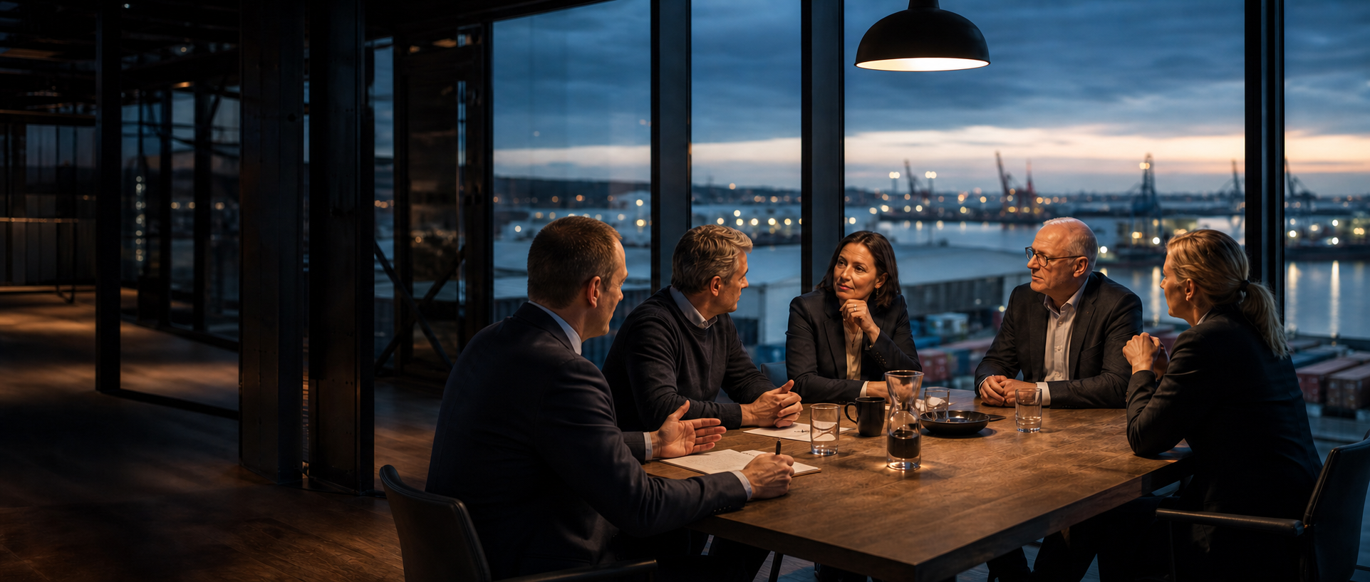 Senior leadership discussion overlooking an international harbor