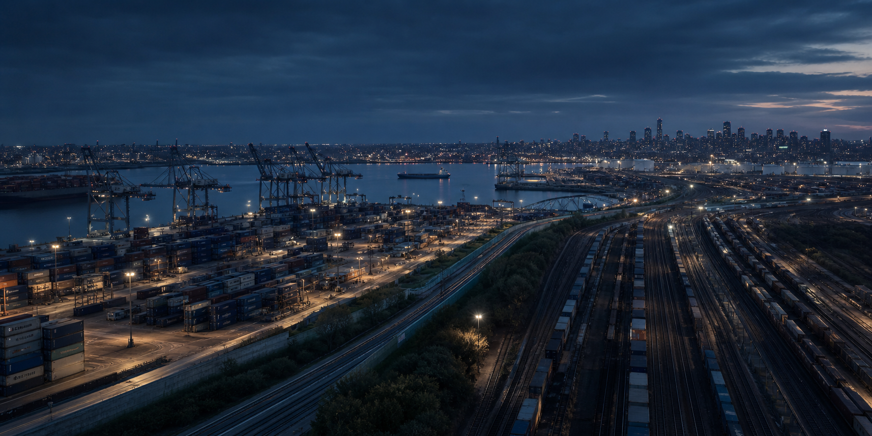Intermodal infrastructure connecting port, rail, industry, and city at blue hour